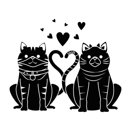 A cute couple cats mascots with hearts characters vector illustration designのイラスト素材