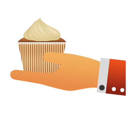 hand with delicious and sweet cupcake vector illustration designのイラスト素材