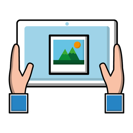 hand holding tablet computer with photo on screen vector illustrationのイラスト素材