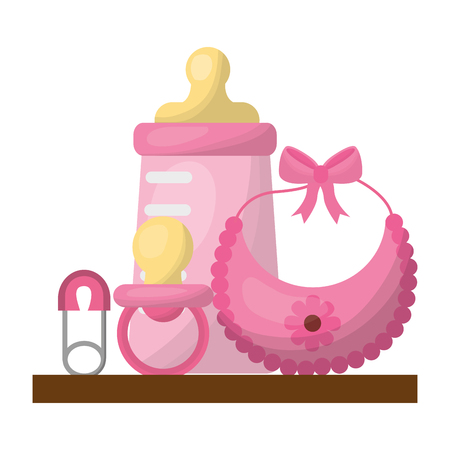 baby shower gifts girl bottle bib pacifier safety pin vector illustrationのイラスト素材