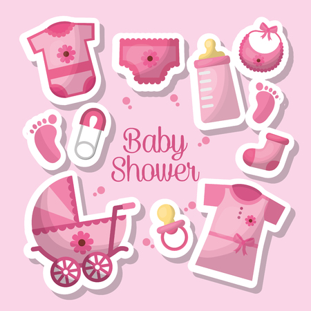 Happy baby shower toes clothes bottle milk socks safety pins pram breeches celebration vector illustrationのイラスト素材