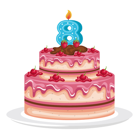 Delicious cake with candle number eight celebration vector illustration design.のイラスト素材
