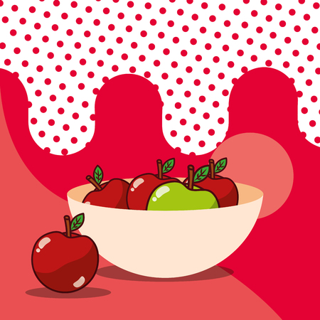 apple in bowl harvest fruit tasty dotted background color vector illustrationのイラスト素材