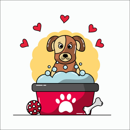 Cute dog mascot having a bath with bubbles ball bone and hearts love vector illustrationのイラスト素材