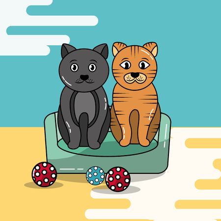 Cute cats sitting in bed pet with balls toy vector illustration.のイラスト素材