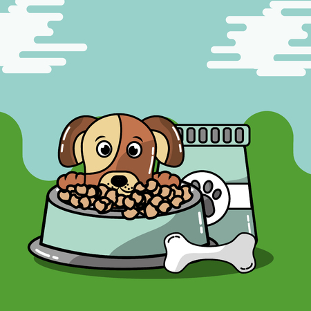 Pet animal dog with bag food and bowl bone vector illustration.のイラスト素材