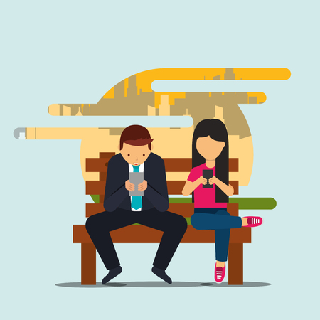 businessman and woman with smartphones sitting on bench vector illustrationのイラスト素材