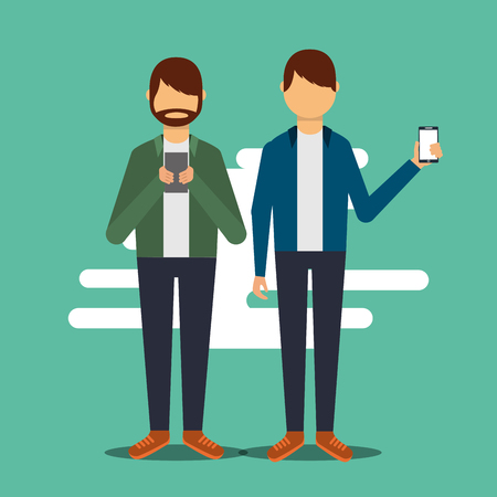 two man standing showing and using smartphone vector illustrationのイラスト素材