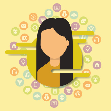 young woman user social media communication icons vector illustrationのイラスト素材
