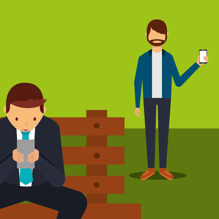 businessman with mobile sitting on bench and man showing smartphone vector illustrationのイラスト素材