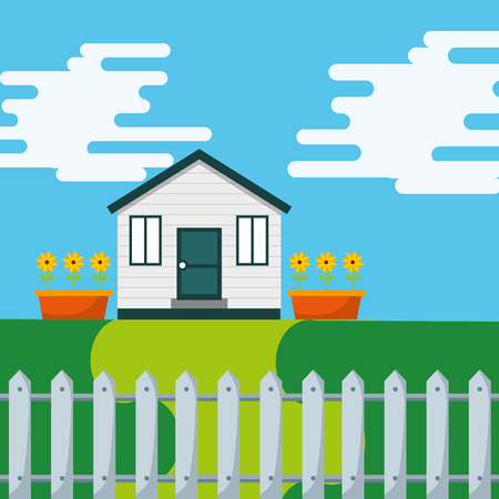 wooden cottage garden flowers in pot graden and fence vector illustrationのイラスト素材