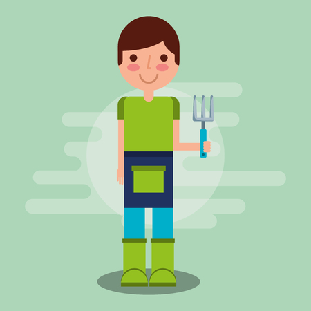 gardener boy holding garden fork farm tool farm work vector illustrationのイラスト素材