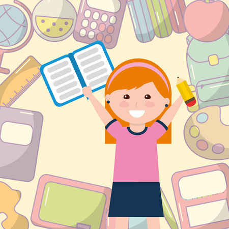 school little girl student with book pencil supplies background vector illustrationのイラスト素材