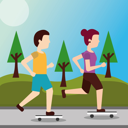 young woman and man riding a skateboard in the park vector illustrationのイラスト素材