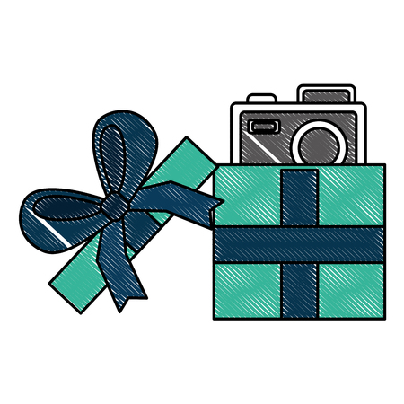 opened gift box with photo camera inside surprise vector illustration drawingのイラスト素材