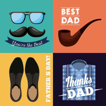 happy fathers day set with moustache glasses smoking pipe shoes blue shirt vector illustrationのイラスト素材