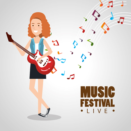 Music festival live with woman playing electric guitar vector illustration designのイラスト素材