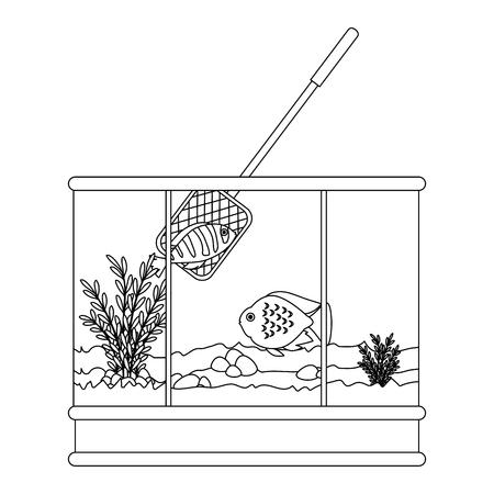 Square aquarium with fish and fishing net vector illustration designのイラスト素材