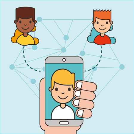 hand holding smartphone with boy on screen connecting people social media vector illustrationのイラスト素材