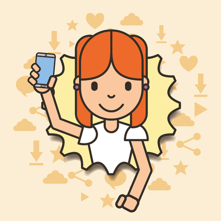 girl with mobile social media coming out paper ripped vector illustrationのイラスト素材