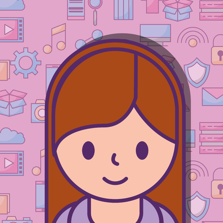 cute young girl and social media icons background vector illustrationのイラスト素材