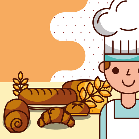 Chef boy cartoon with delicious roll bread croissant, vector illustrationのイラスト素材