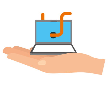 hand lifting laptop computer with worm virus infect vector illustration designのイラスト素材