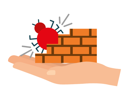 hand lifting bug virus attack with wall vector illustration designのイラスト素材