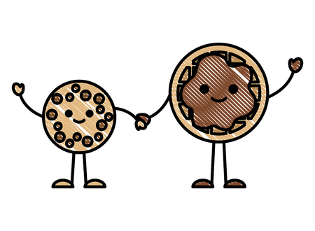 cookie and waffle chocolate holds hands cartoon vector illustration drawingのイラスト素材