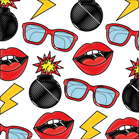 Comic pop art mouth lips bomb rays glasses pattern vector illustrationのイラスト素材