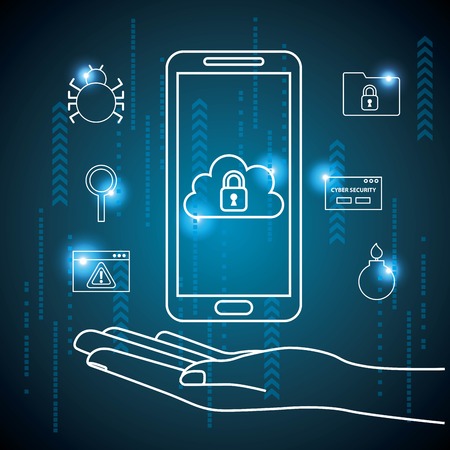 cyber security technology hand holding telephone locked save bomb virus spider vector illustrationのイラスト素材