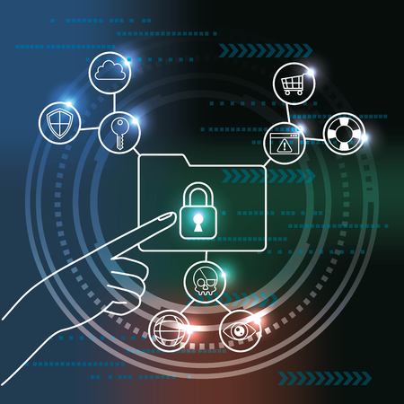 cyber security technology binary circuit hand touching locked folder connection surveillance vector illustrationのイラスト素材