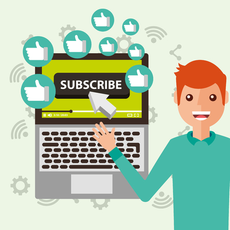 blogger man pointing laptop subscribe likes vector illustrationのイラスト素材