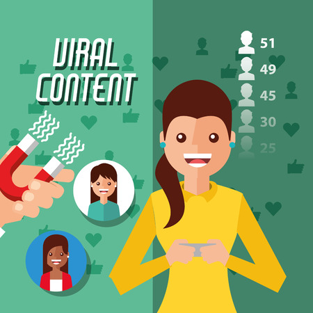 viral content woman holding mobile with magnet attracts followers vector illustrationのイラスト素材