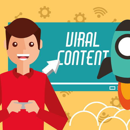 smiling man smartphone in hands viral content rocket vector illustrationのイラスト素材