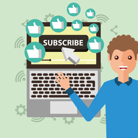 blogger man pointing laptop subscribe likes vector illustrationのイラスト素材