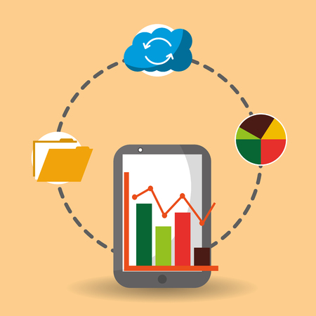 smartphone with statistics on screen pie chart cloud storage and file vector illustrationのイラスト素材