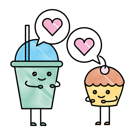 couple milk shake and cup cake with speech bubble character vector illustration designのイラスト素材