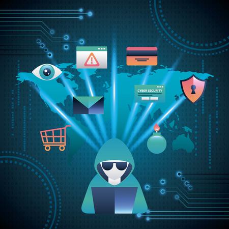 cyber security hacker alert attack surveillance danger shield protection vector illustrationのイラスト素材