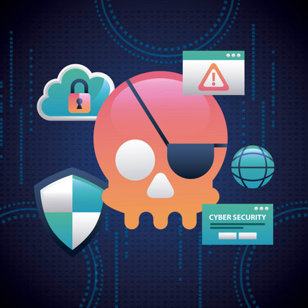 Cyber security with colorful skull, piracy crime, alert danger, locked cloud.
