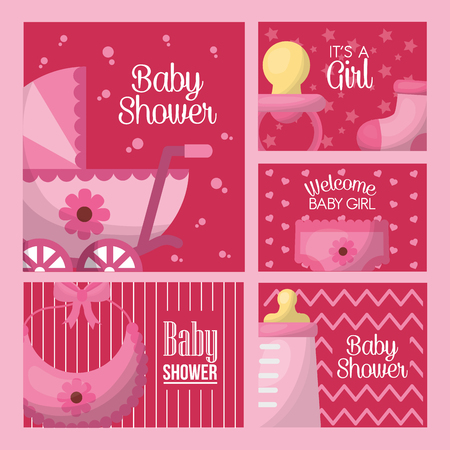 baby shower celebration pink labels born girl babe carriage bib bottle milk pacifier vector illustrationのイラスト素材