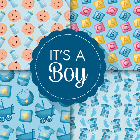 baby shower card labels faces boy smiling cubes clothes blue background born vector illustrationのイラスト素材