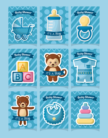 Set of baby shower card stickers with animals, toys and other baby elements.のイラスト素材