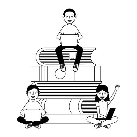 Teens group using laptops on stacked books vector illustration.のイラスト素材