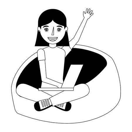 young woman with laptop sitting in the bean bag chair vector illustrationのイラスト素材