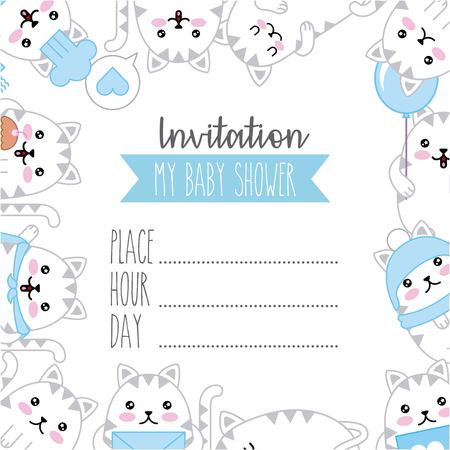 Invitation baby shower cute  cartoon cats frame decoration vector illustration.のイラスト素材