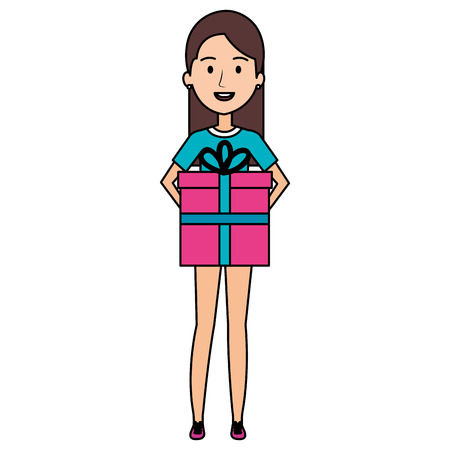 woman lifting giftbox character vector illustration designのイラスト素材