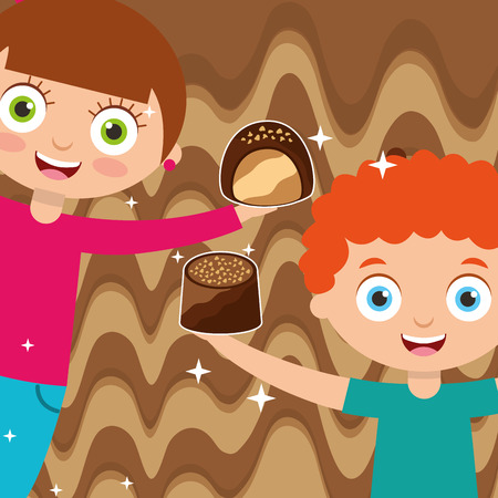 kids with sweet chocolate candies melted background vector illustrationのイラスト素材