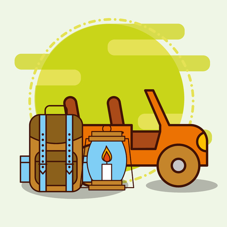 Vehicle backpack and kerosene lamp safari equipment supplies vector illustrationのイラスト素材