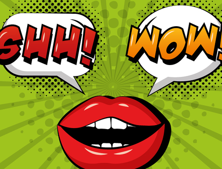 pop art comic woman lips shh and wow speech bubble retro style vector illustrationのイラスト素材